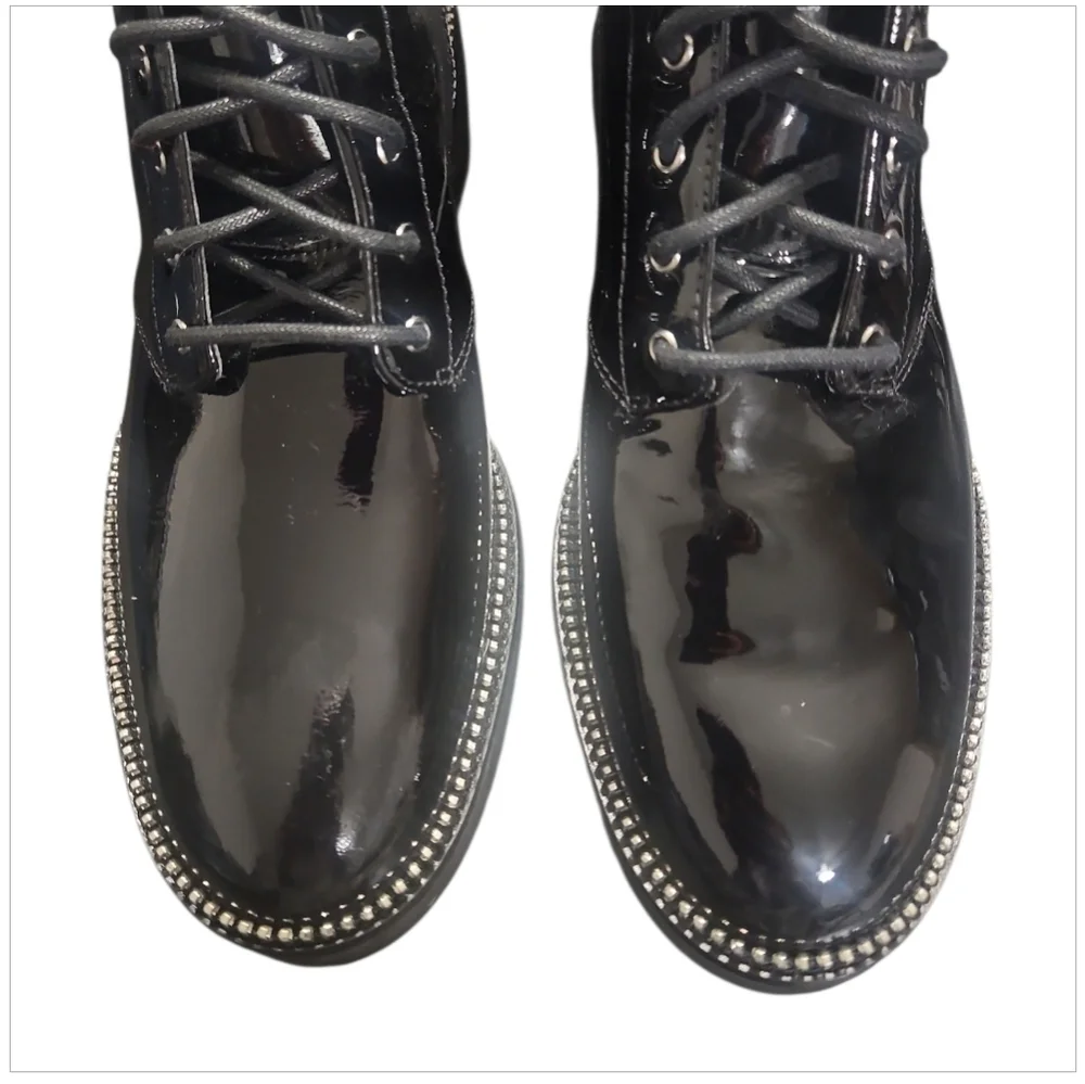 NWT Michael Kors Haskell Black Patent Leather Combat Boots Zipper Trim 8.5